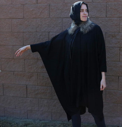 Puane Outerwear Puane Wool Touch Poncho Coat with Fur 3113 Black - Modefa 