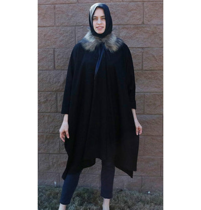 Puane Outerwear Puane Wool Touch Poncho Coat with Fur 3113 Black - Modefa 