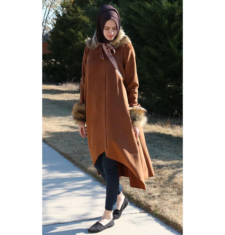 Puane Outerwear Puane Suede Poncho Coat with Fur 3131 Brown - Modefa 