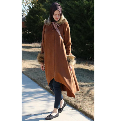 Puane Outerwear Puane Suede Poncho Coat with Fur 3131 Brown - Modefa 