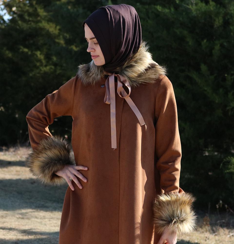 Puane Outerwear Puane Suede Poncho Coat with Fur 3131 Brown - Modefa 