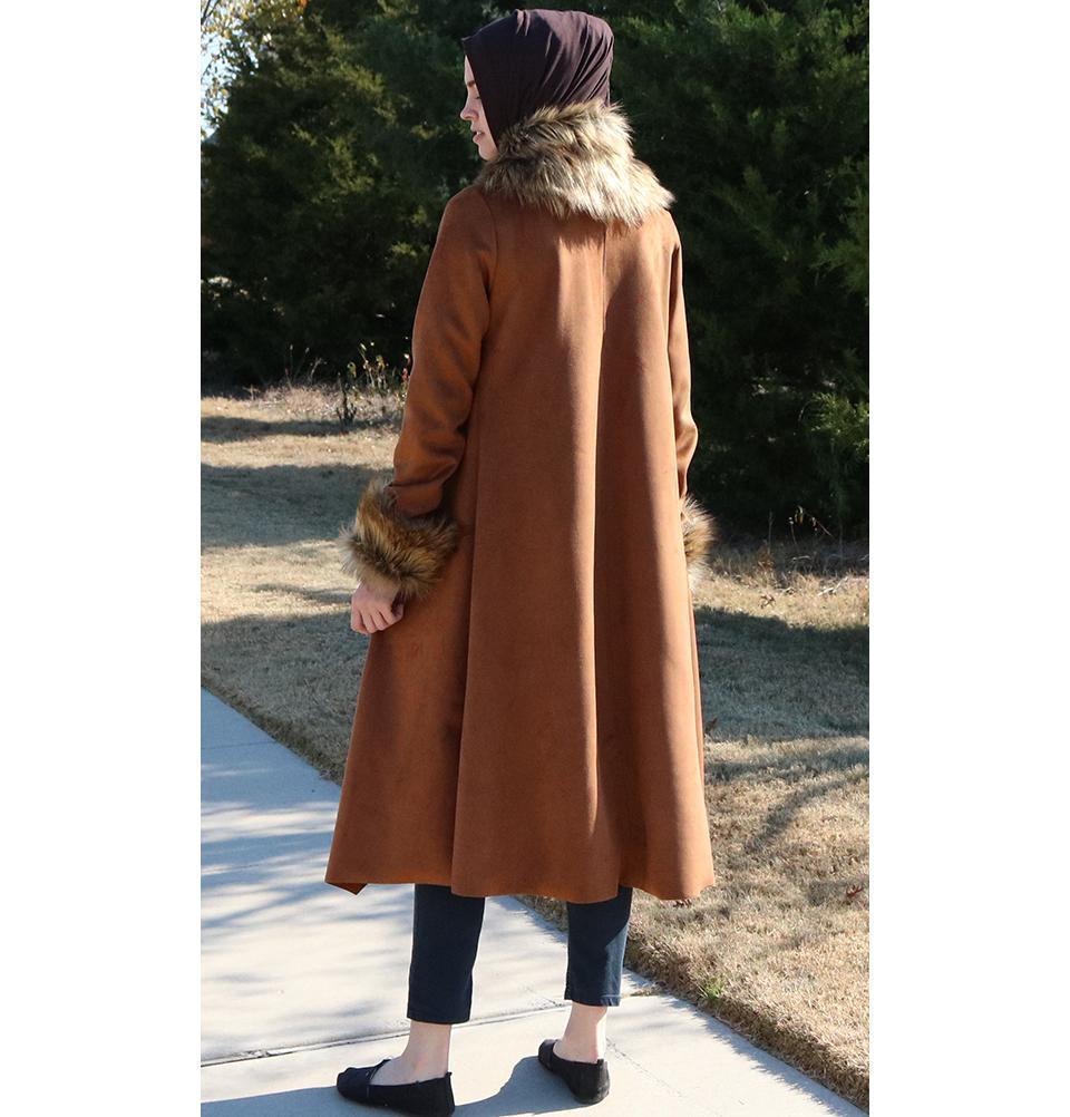 Puane Outerwear Puane Suede Poncho Coat with Fur 3131 Brown - Modefa 
