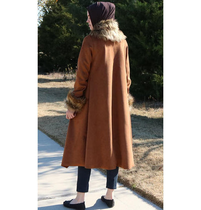 Puane Outerwear Puane Suede Poncho Coat with Fur 3131 Brown - Modefa 