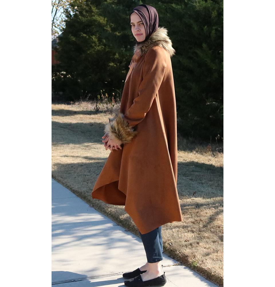 Puane Outerwear Puane Suede Poncho Coat with Fur 3131 Brown - Modefa 