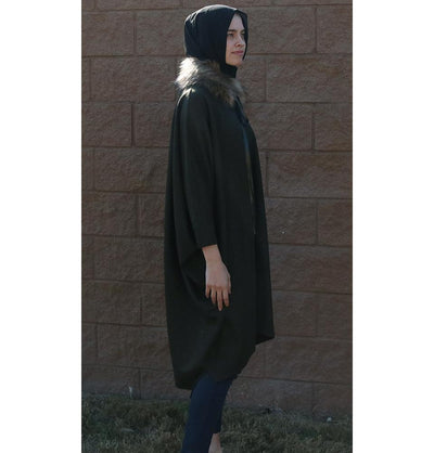 Puane Outerwear Puane Wool Touch Poncho Coat with Fur 3113 Dark Green - Modefa 
