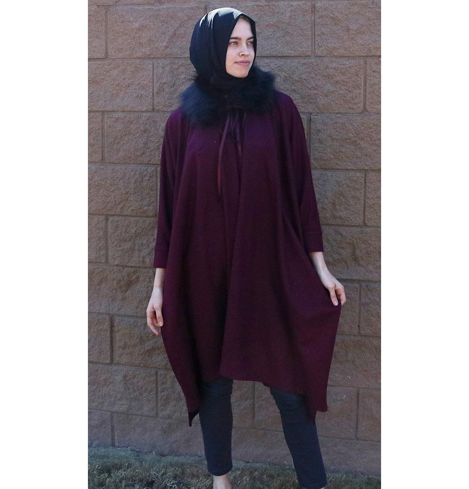 Puane Outerwear Puane Wool Touch Poncho Coat with Fur 3113 Maroon - Modefa 