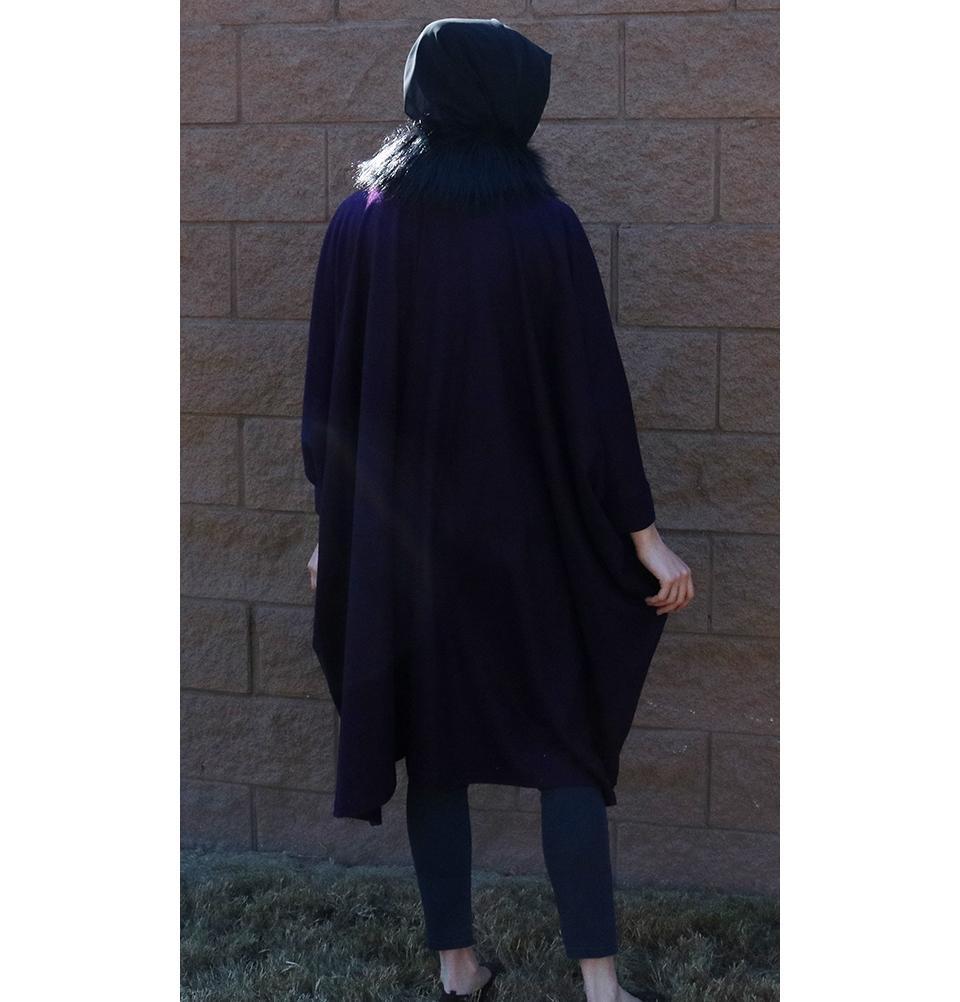 Puane Outerwear Puane Wool Touch Poncho Coat with Fur 3113 Purple - Modefa 