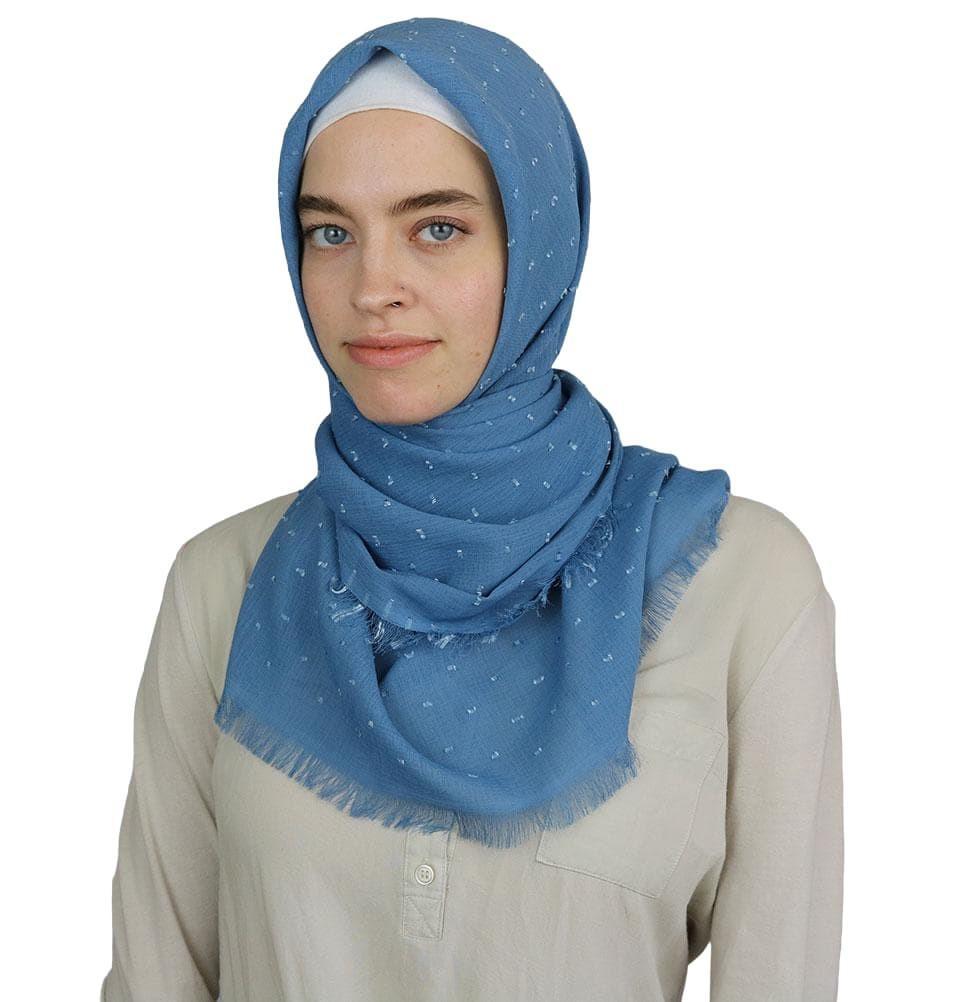 Sedef Pom Pom Crepe Square Hijab Scarf Blue