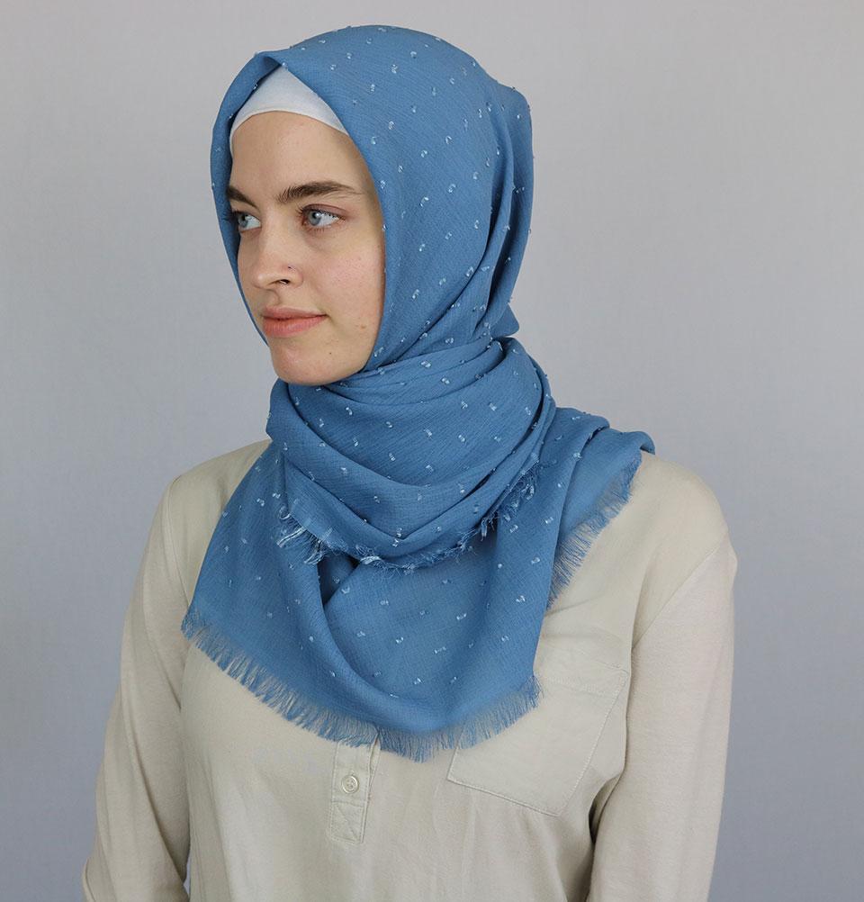 Pom Pom Crepe Square Hijab Scarf Blue