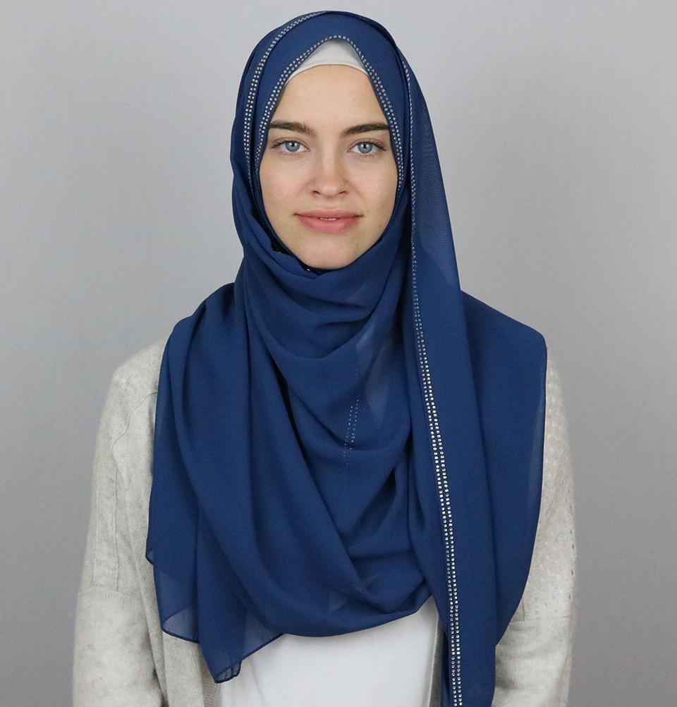 Rhinestone Trimmed Chiffon Hijab Shawl Aegean Blue