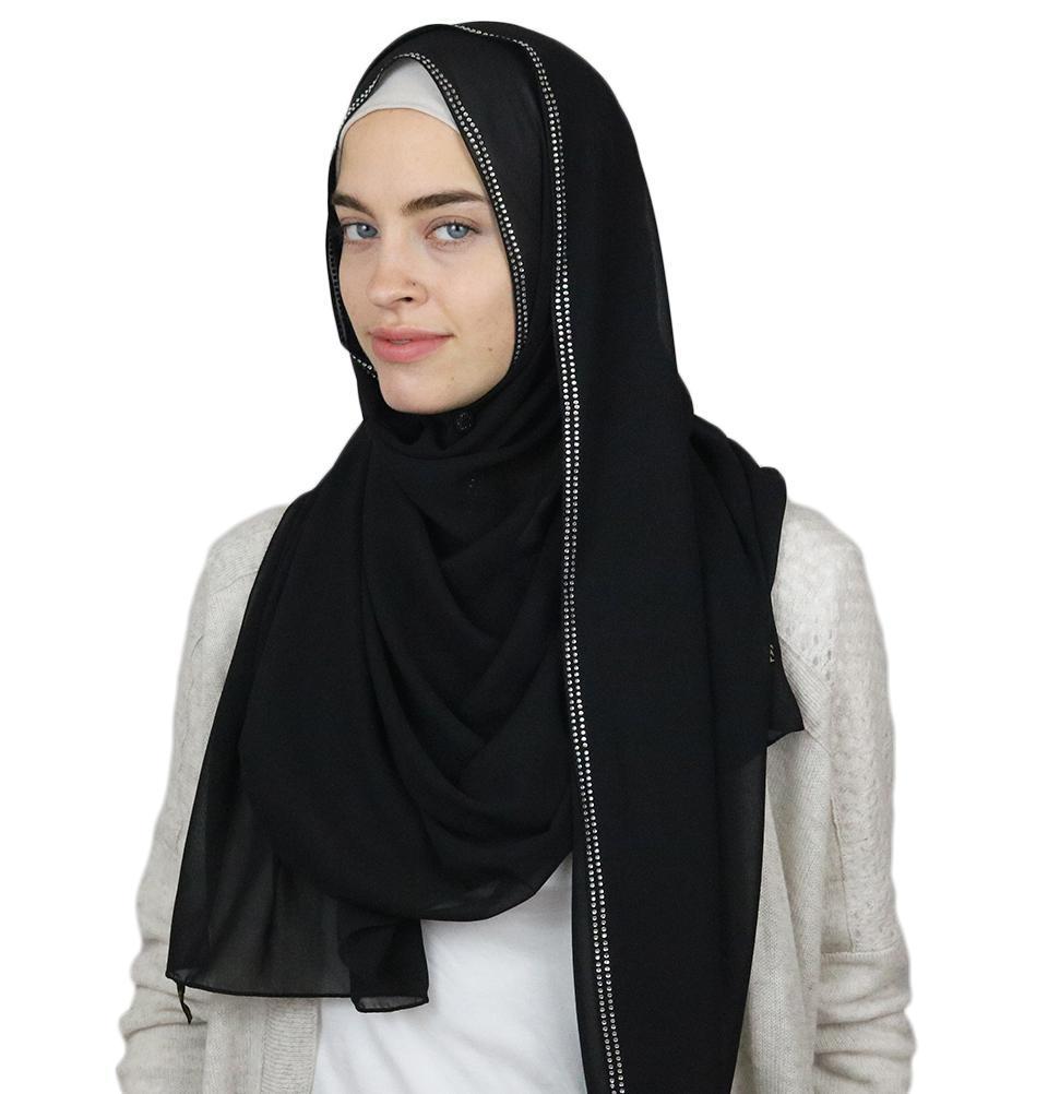 Sedef Shawl Black Rhinestone Trimmed Chiffon Hijab Shawl Black