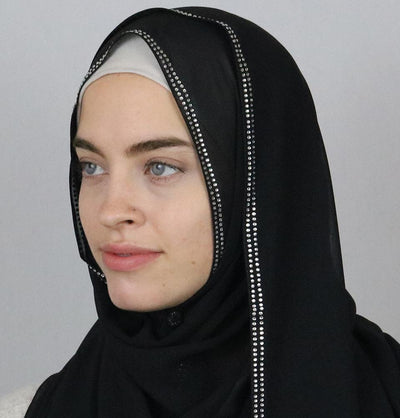 Sedef Shawl Black Rhinestone Trimmed Chiffon Hijab Shawl Black