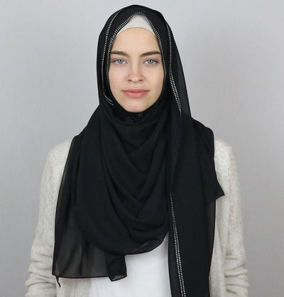 Sedef Shawl Black Rhinestone Trimmed Chiffon Hijab Shawl Black