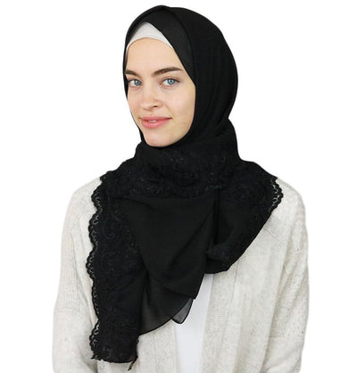 Lux Lace Trim Chiffon Hijab Shawl Black