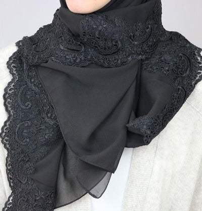 Lux Lace Trim Chiffon Hijab Shawl Black