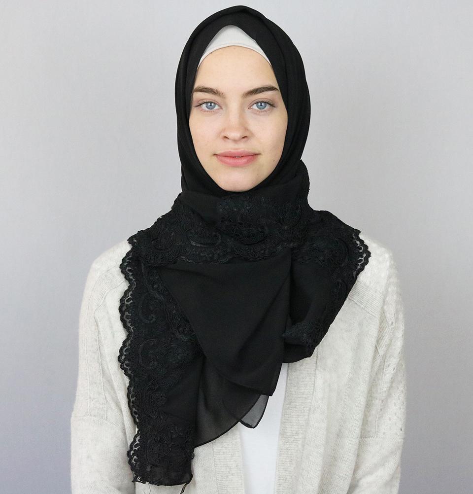 Lux Lace Trim Chiffon Hijab Shawl Black