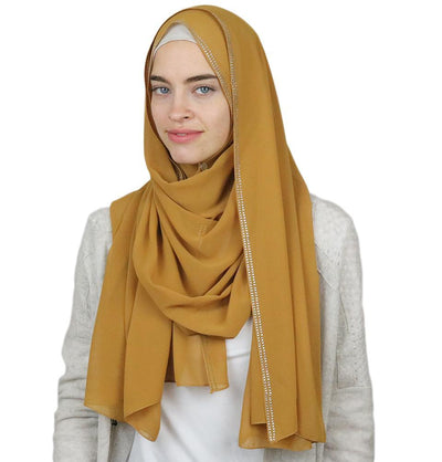 Rhinestone Trimmed Chiffon Hijab Shawl Gold