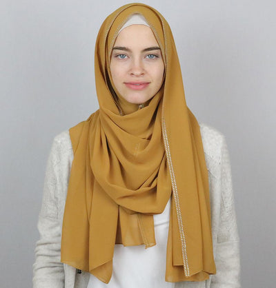 Rhinestone Trimmed Chiffon Hijab Shawl Gold