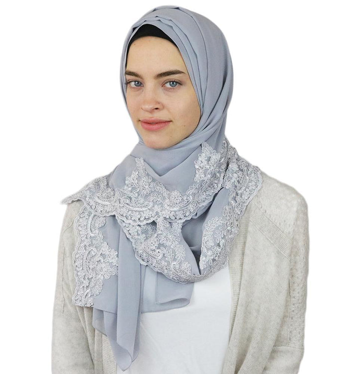 Sedef Lux Lace Trim Chiffon Hijab Shawl Light Grey