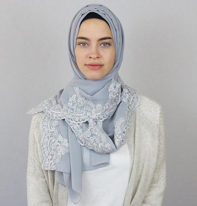 Lux Lace Trim Chiffon Hijab Shawl Light Grey