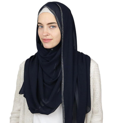 Sedef Shawl Navy Blue Rhinestone Trimmed Chiffon Hijab Shawl Navy Blue