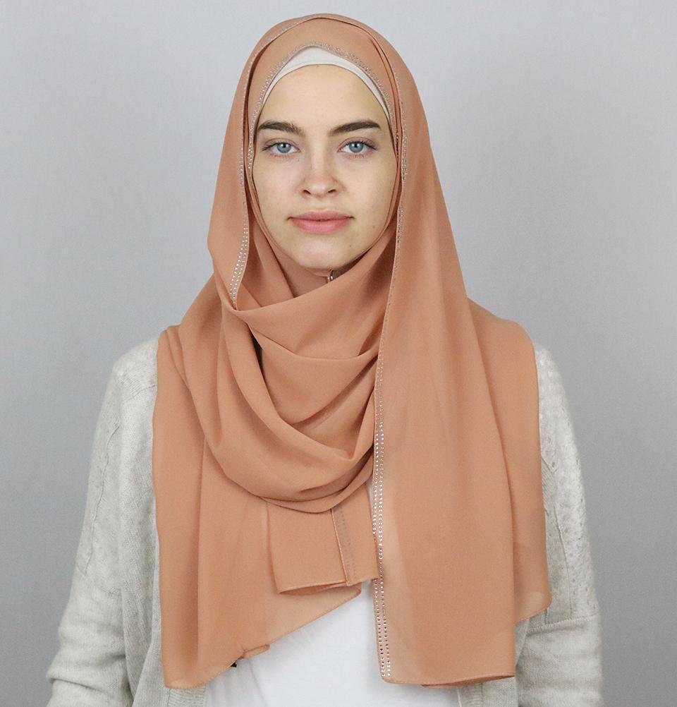 Sedef Shawl Peach Rhinestone Trimmed Chiffon Hijab Shawl Peach