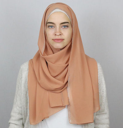 Sedef Shawl Peach Rhinestone Trimmed Chiffon Hijab Shawl Peach