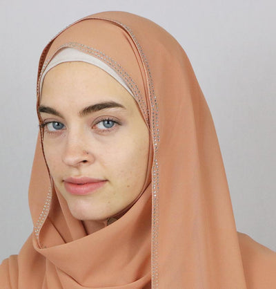Sedef Shawl Peach Rhinestone Trimmed Chiffon Hijab Shawl Peach
