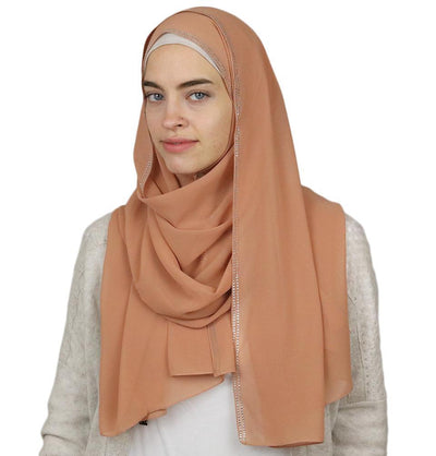 Sedef Shawl Peach Rhinestone Trimmed Chiffon Hijab Shawl Peach