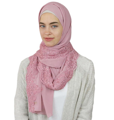 Lux Lace Trim Chiffon Hijab Shawl Pink