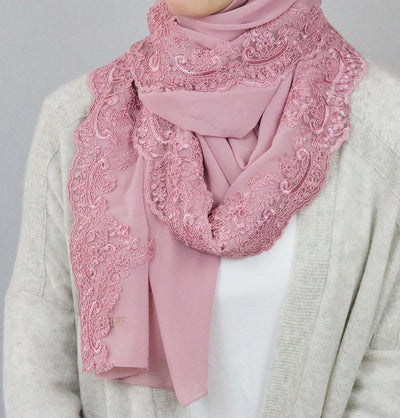 Lux Lace Trim Chiffon Hijab Shawl Pink