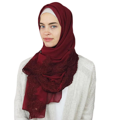 Lux Lace Trim Chiffon Hijab Shawl Red