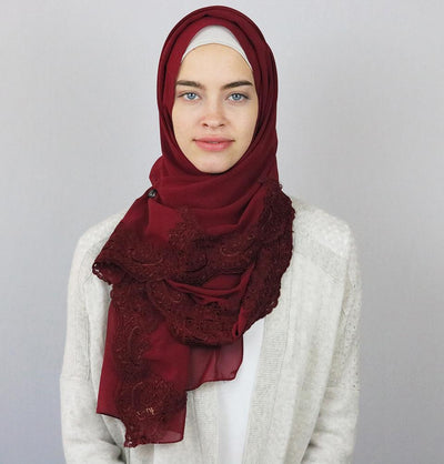Lux Lace Trim Chiffon Hijab Shawl Red