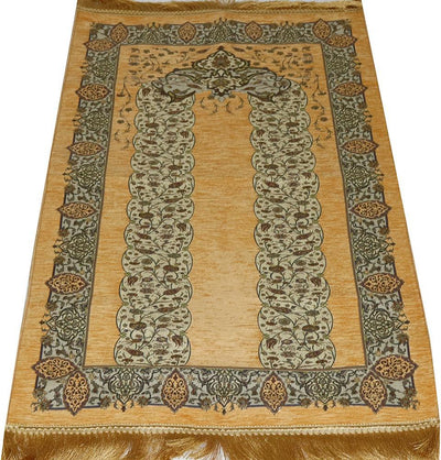 Taqwa Prayer Rug Chenille Embroidered Islamic Prayer Mat - Tulip Arch Beige - Modefa 
