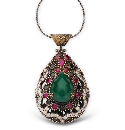 Tesbihane Necklace Women's Ottoman Pendant Necklace Teardrop Green Zircon - Modefa 