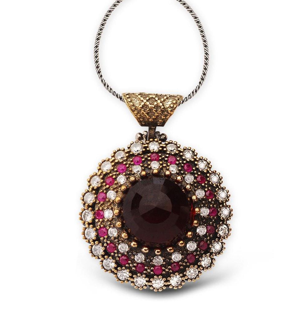 Tesbihane Necklace Women's Ottoman Pendant Necklace Circular Red Zircon - Modefa 