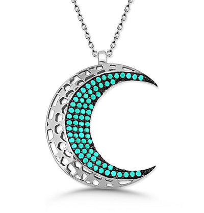Tesbihane Necklace Women's Sterling Silver Islamic Necklace Crescent Moon with Turquoise - Modefa 