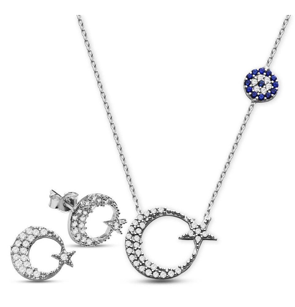Tesbihane Necklace Women's Sterling Silver Islamic Necklace Zircon Crescent Moon & Star Necklace, Earring Set - Modefa 