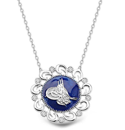 Tesbihane Necklace Women's Sterling Silver Necklace Ottoman Tughra in Blue Enamel - Modefa 