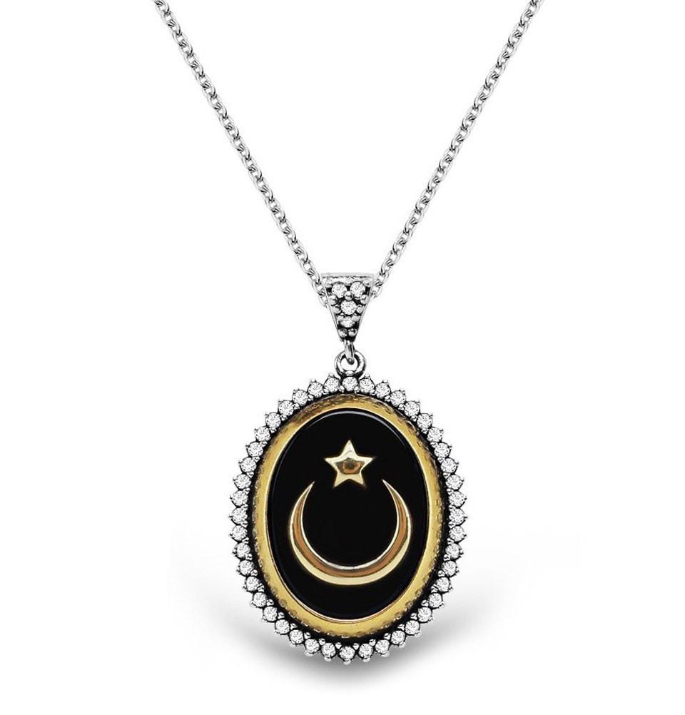 Tesbihane Necklace Women's Islamic Necklace Oval Black Enamel Crescent Moon and Star - Modefa 