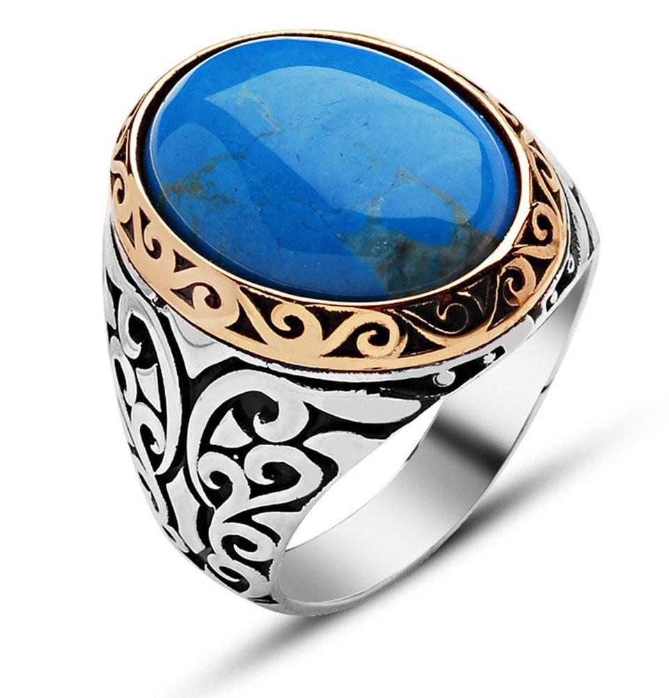 Tesbihane ring Men's Silver Ottoman Ring Turquoise - Modefa 