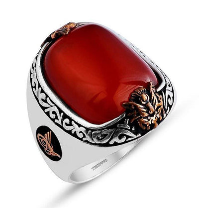 Tesbihane ring Men's Sterling Silver Ottoman Oval Red Agate with Tughra Ring - Modefa 