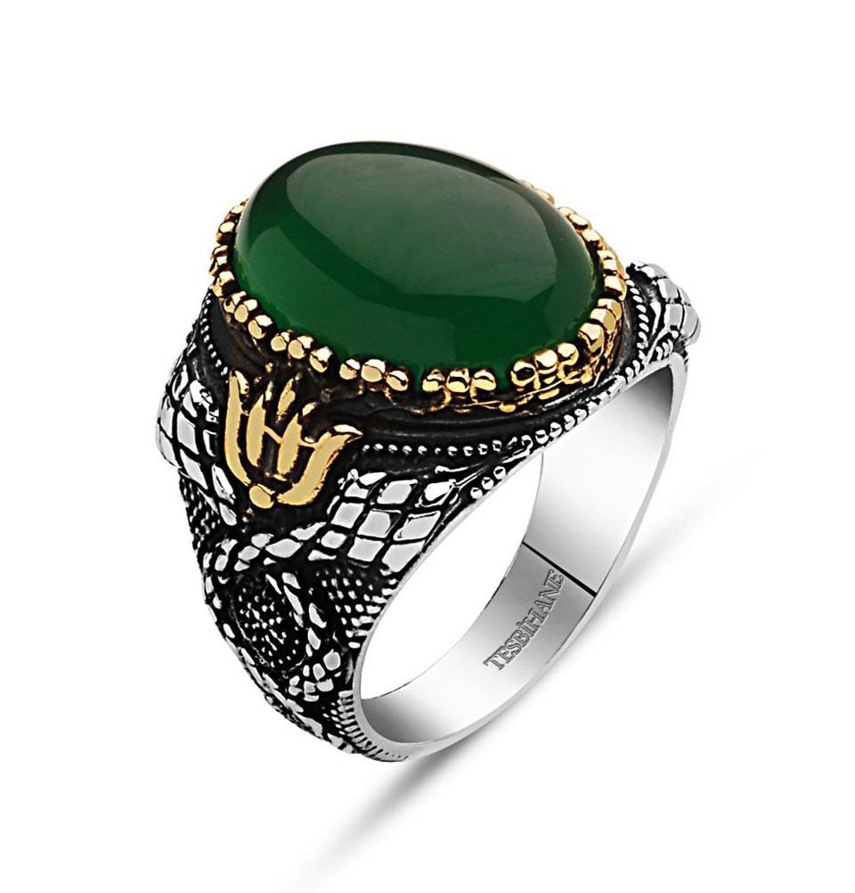 Tesbihane ring Men's Silver Ottoman Oval Design Ring Green Agate - Modefa 