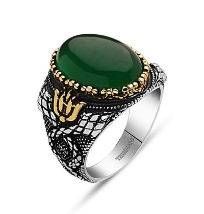 Tesbihane ring Men's Silver Ottoman Oval Design Ring Green Agate - Modefa 