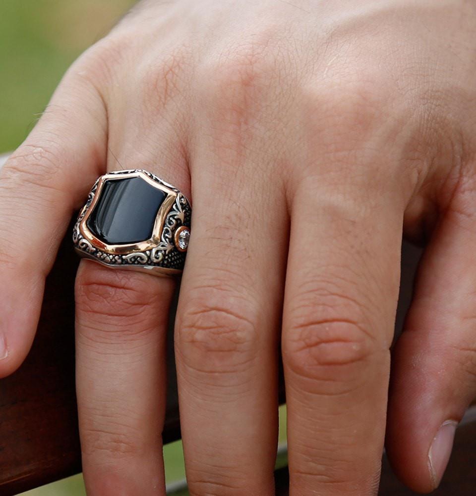 Tesbihane ring Men's Sterling Silver Ottoman Hexagon Black Onyx Fine Detailing Ring - Modefa 