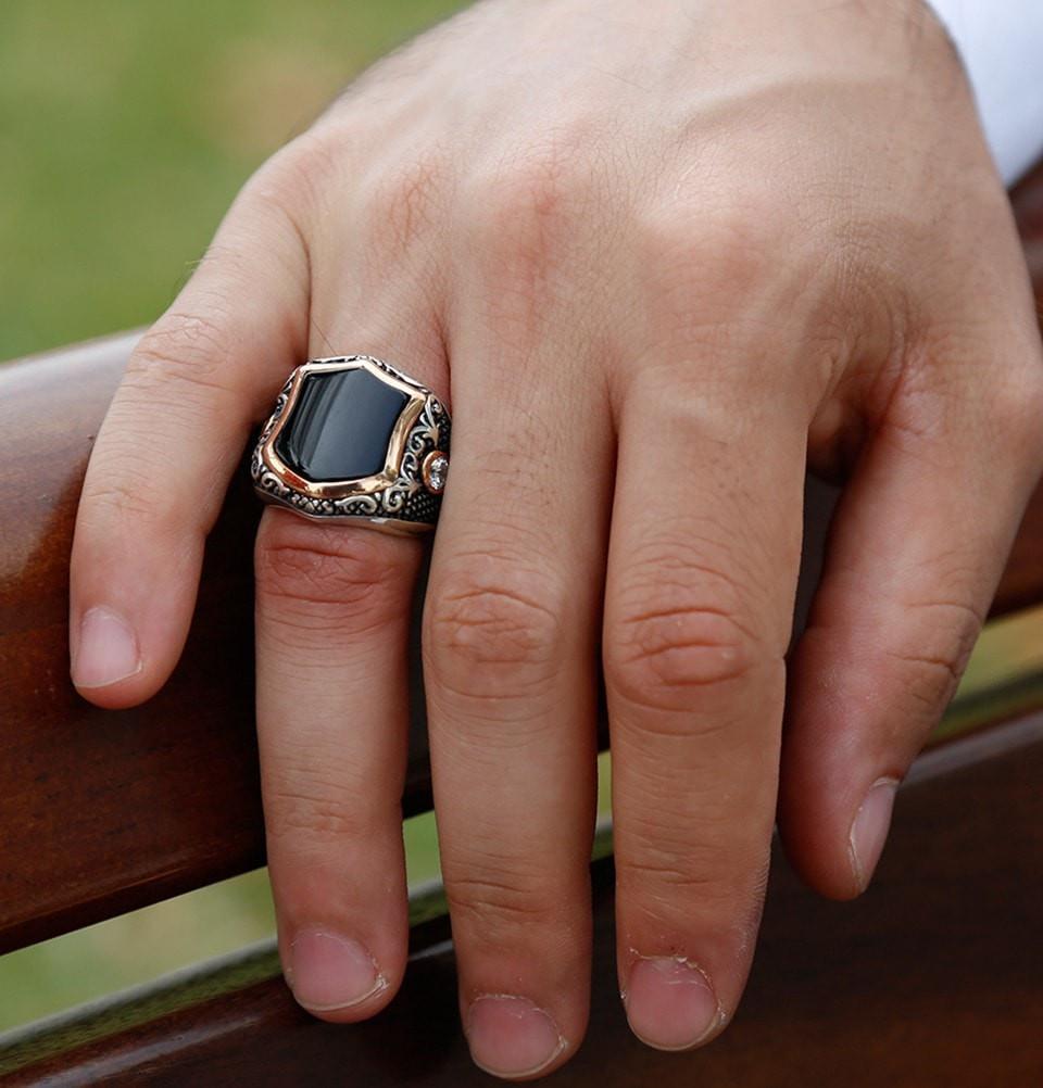 Tesbihane ring Men's Sterling Silver Ottoman Hexagon Black Onyx Fine Detailing Ring - Modefa 