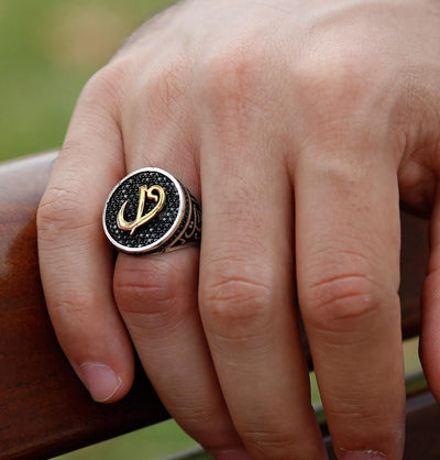 Tesbihane ring Men's Silver Islamic Fine Detailing Ring Elif and Waw with Black Zircon - Modefa 