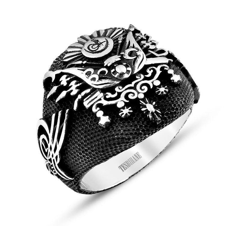 Tesbihane ring Men's Silver Ring Ottoman Coat of Arms - Modefa 