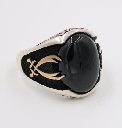 Men's Silver Ring Black Onyx Hazrat Ali's Sword 5219