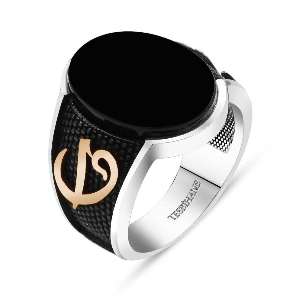 Tesbihane ring Men's Silver Islamic Ring Black Onyx with Elif & Waw - Modefa 
